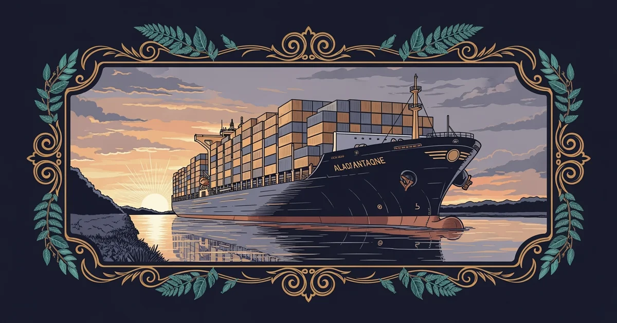 A large container ship navigating through a narrow, calm waterway at sunrise, Victorian botanical illustration style, representing a Learning Whistle learning path on How Global Shipping Routes Affect