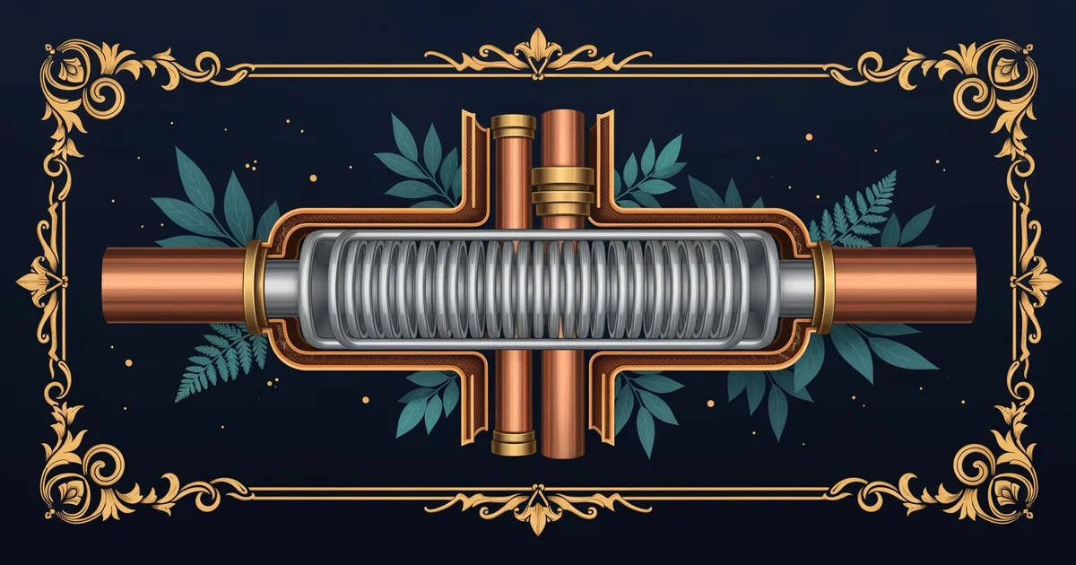A cross-section diagram of cooling pipes and heat coils, Victorian botanical illustration style, representing a Learning Whistle learning path on home climate control.
