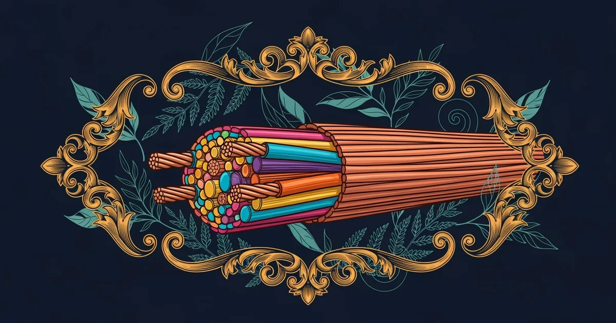 A detailed copper wire bundle, Victorian botanical illustration style, representing a Learning Whistle learning path on How Home Electrical Systems Work.