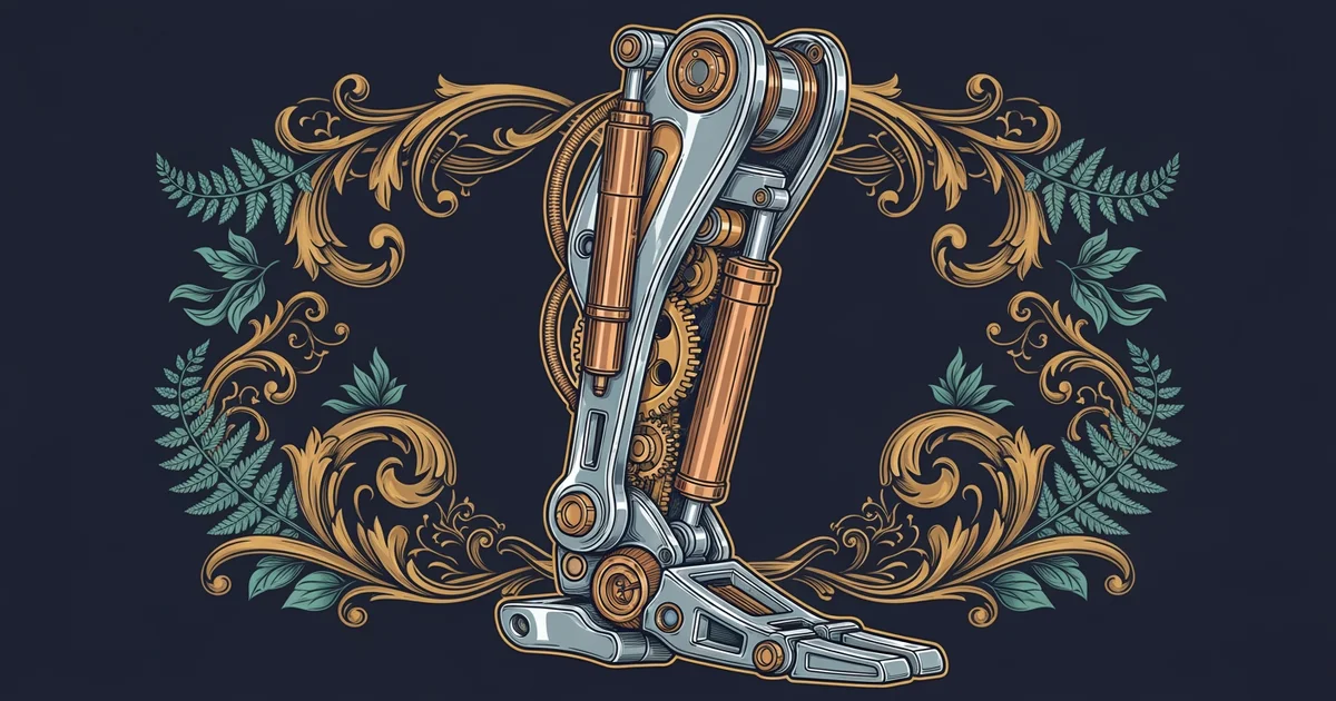 A metallic robotic leg assembly with exposed hydraulic actuators, Victorian botanical illustration style, representing a Learning Whistle learning path on How Humanoid Robots Are Learning to Walk.