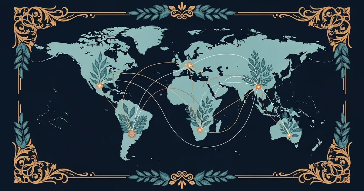 A stylized map showing interconnected lines flowing between different global regions, Victorian botanical illustration style, representing a Learning Whistle learning path on How Immigration and Migra