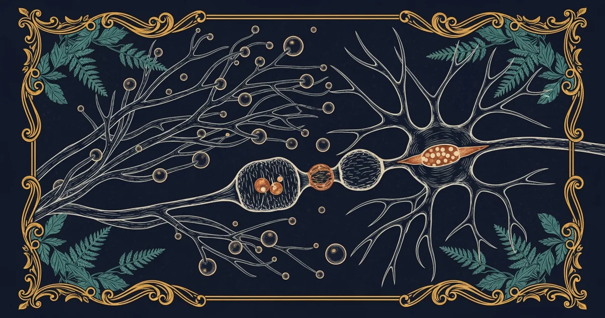 A microscopic view of a fungal spore network interacting with a neural synapse structure.