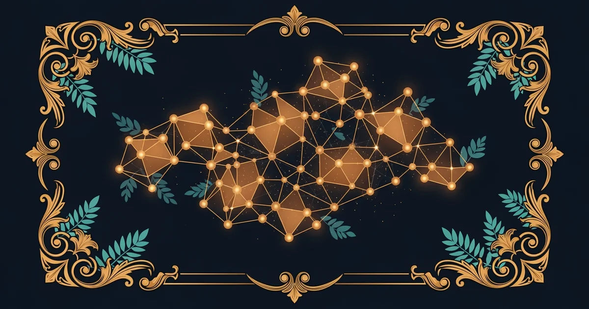 A glowing neural network forming a complex geometric shape, Victorian botanical illustration style, representing a Learning Whistle learning path on How Memory Works.