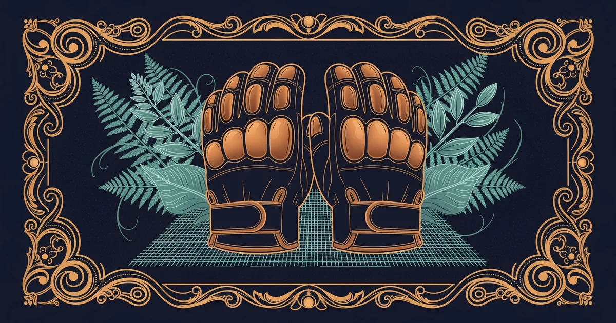 Padded athletic gloves on a mat, Victorian botanical illustration style, representing a Learning Whistle learning path on How MMA Works.
