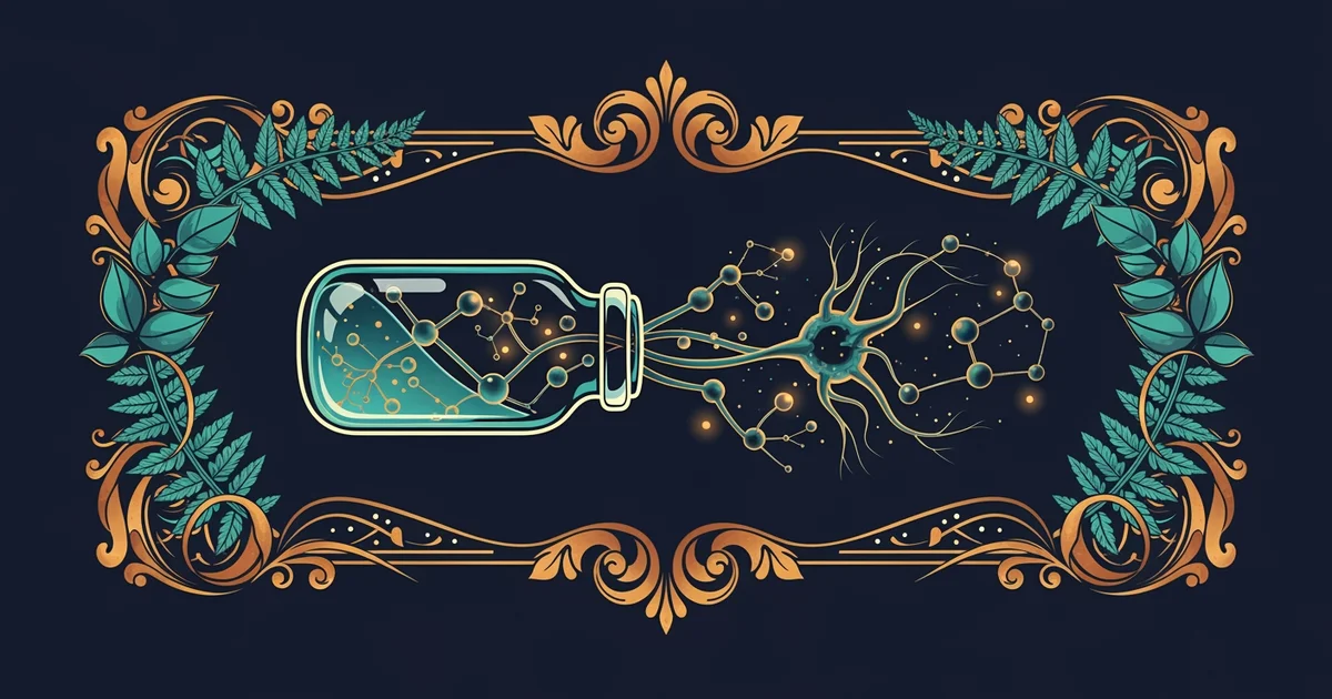 A stylized glass vial containing glowing liquid molecules, Victorian botanical illustration style, representing a Learning Whistle learning path on anesthesia.