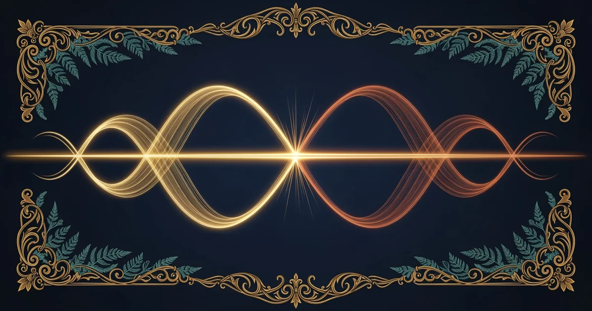 A sine wave colliding with an inverted mirror-image wave, Victorian botanical illustration style, representing a Learning Whistle learning path on noise-canceling headphones.