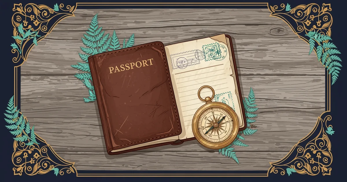 A worn leather passport book lying open on a weathered wooden desk next to a brass compass, Victorian botanical illustration style, representing a Learning Whistle learning path on How Passports and V