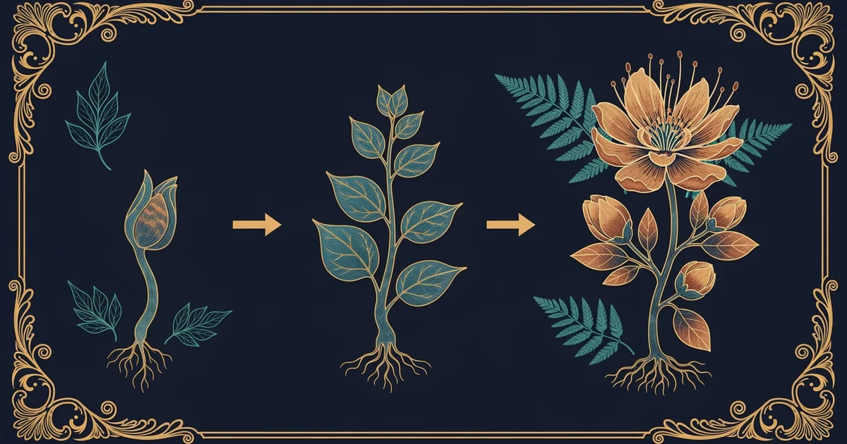 A growing sprout transitioning into a flowering plant, Victorian botanical illustration style, representing a Learning Whistle learning path on puberty.