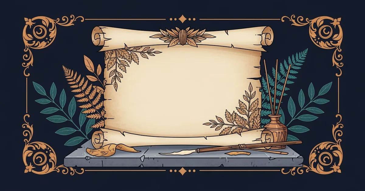 A weathered parchment scroll resting on a stone table, Victorian botanical illustration style, representing a Learning Whistle learning path on How Religious Texts Were Written.