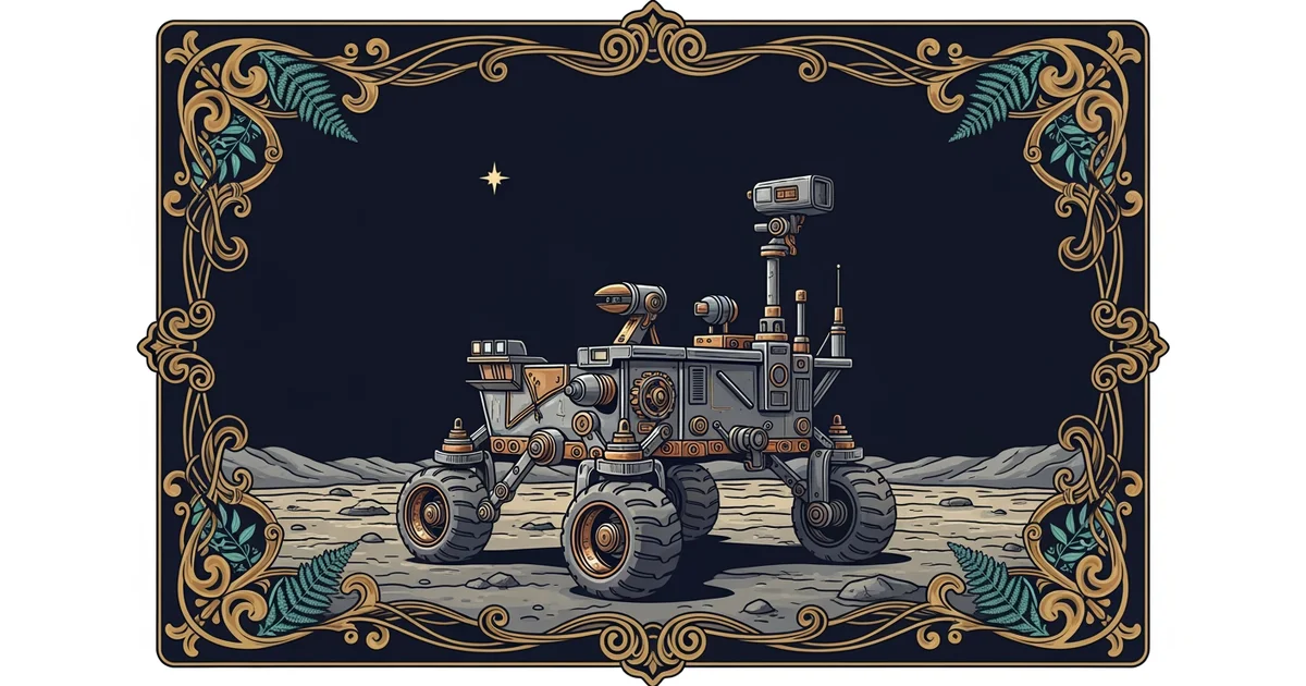 A metallic rover on a barren, rocky planetary surface, Victorian botanical illustration style, representing a Learning Whistle learning path on How Robots Are Used in Space Exploration.