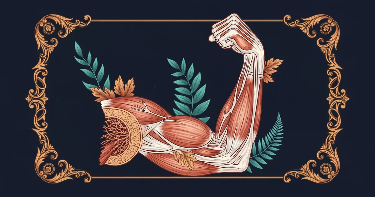 A stylized cross-section of a human bicep, Victorian botanical illustration style, representing a Learning Whistle learning path on How Strength Training Actually Builds Muscle.