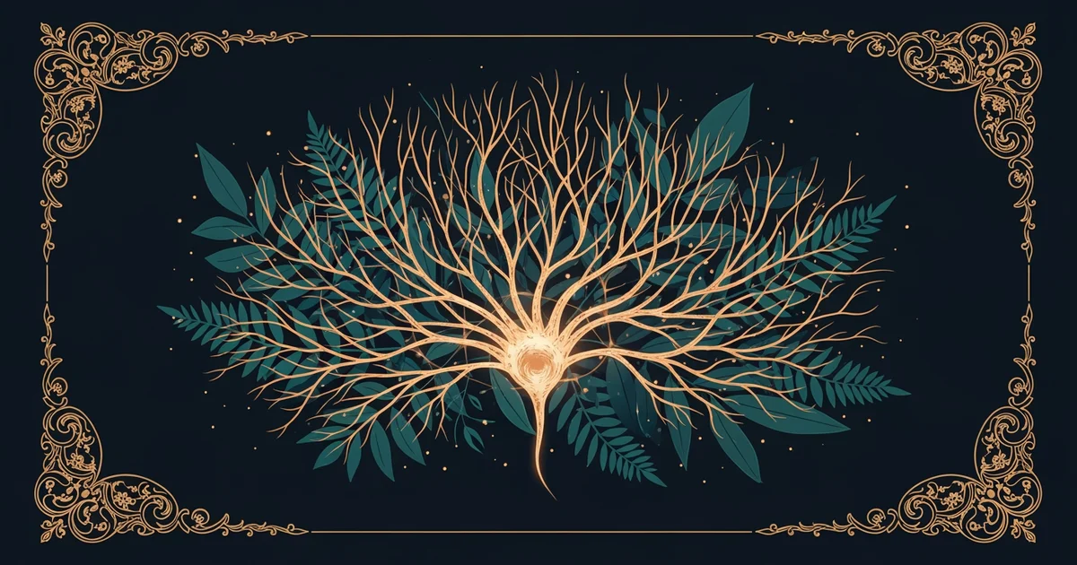 A glowing, intricate network of branching neural fibers emerging from a central point.
