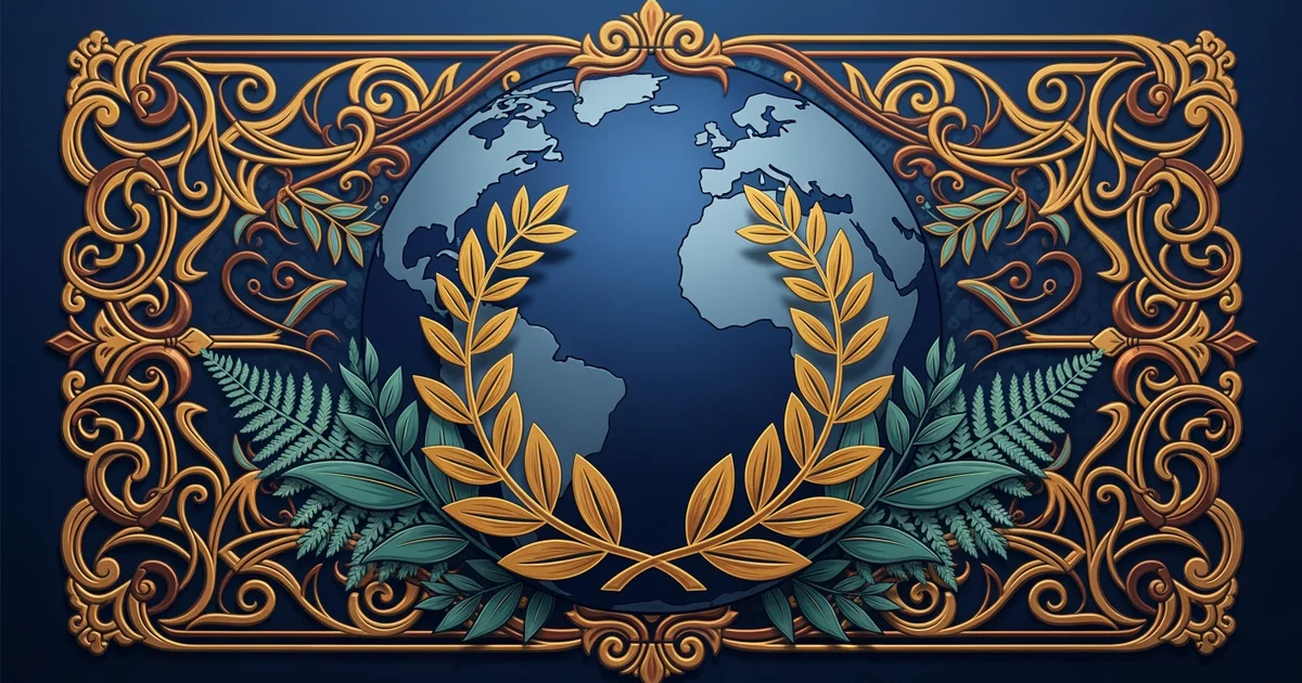 A golden laurel wreath on a blue globe, Victorian botanical illustration style, representing a Learning Whistle learning path on the Olympic Games.