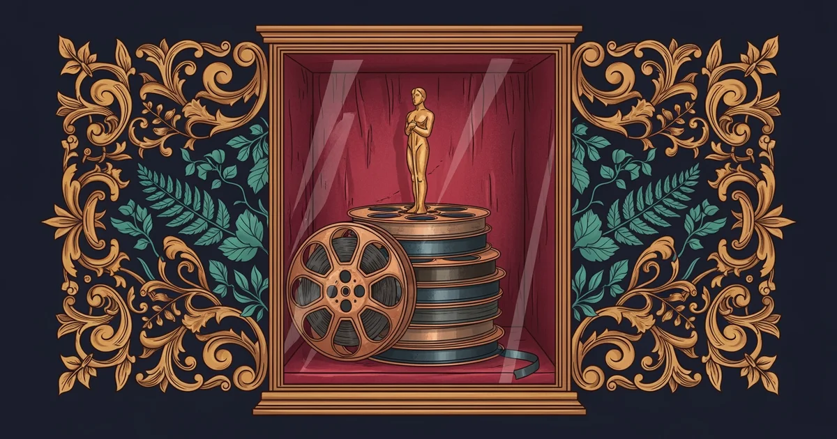 A golden statuette on film reels, Victorian botanical illustration style, representing a Learning Whistle learning path on how the Oscars work.