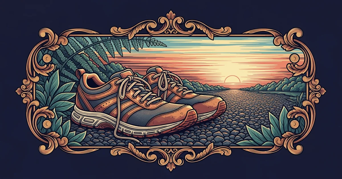 Running shoes on a path, Victorian botanical illustration style, representing a Learning Whistle learning path on How to Start Running.