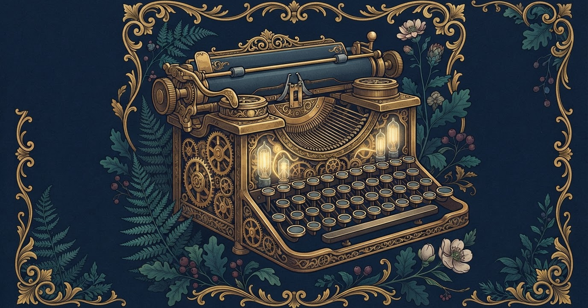 A vintage mechanical typewriter with exposed brass gears and glowing data streams.