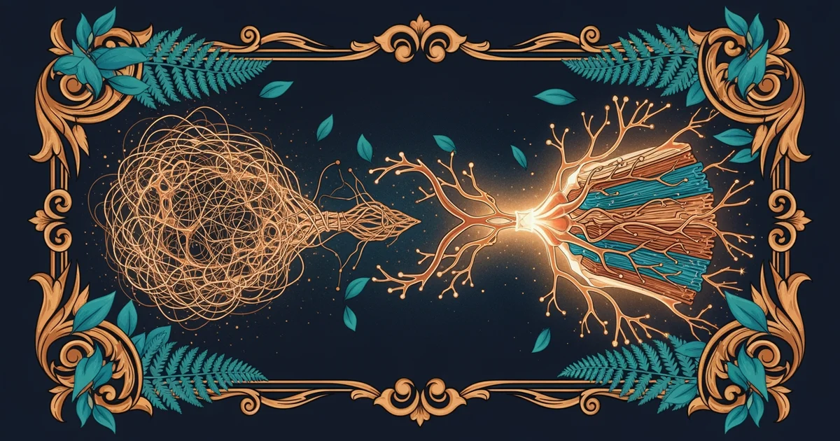 A glowing neural network transitioning from chaos to structure, Victorian botanical illustration style, representing a Learning Whistle learning path on trauma neurobiology.