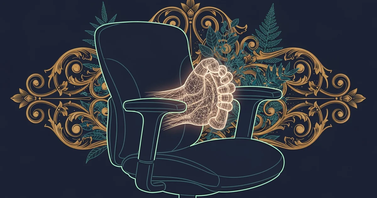 Ergonomic chair silhouette with hand grip schematic, Victorian botanical illustration style, representing a Learning Whistle learning path on Human Factors Engineering.