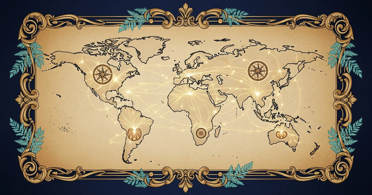 A stylized world map featuring interconnected glowing lines, Victorian botanical illustration style, representing a Learning Whistle learning path on Human Migration History.