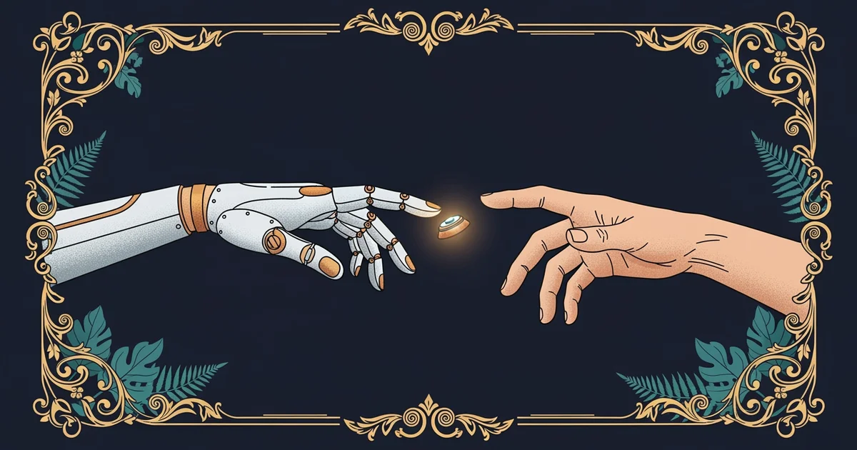 A minimalist mechanical arm with soft-touch sensors reaching towards a human hand, Victorian botanical illustration style, representing a Learning Whistle learning path on Human Robot Interaction Desi