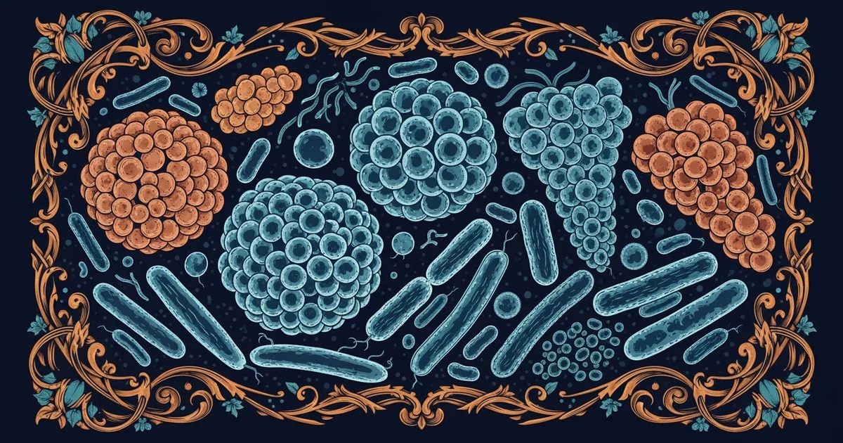 Magnified bacteria clusters, Victorian botanical illustration style, representing a Learning Whistle learning path on Infectious Disease.