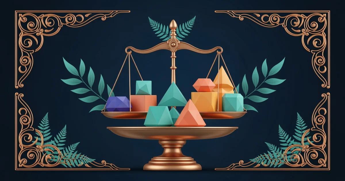 A balanced scale holding various geometric shapes, Victorian botanical illustration style, representing a Learning Whistle learning path on Investment Portfolio Management.