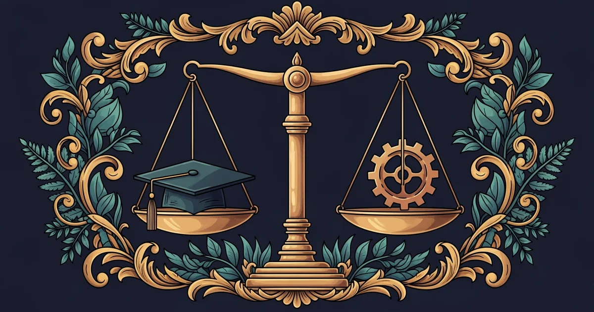 A set of balanced scales with a graduation cap on one side and a gear on the other, Victorian botanical illustration style, representing a Learning Whistle learning path on Labor Economics.