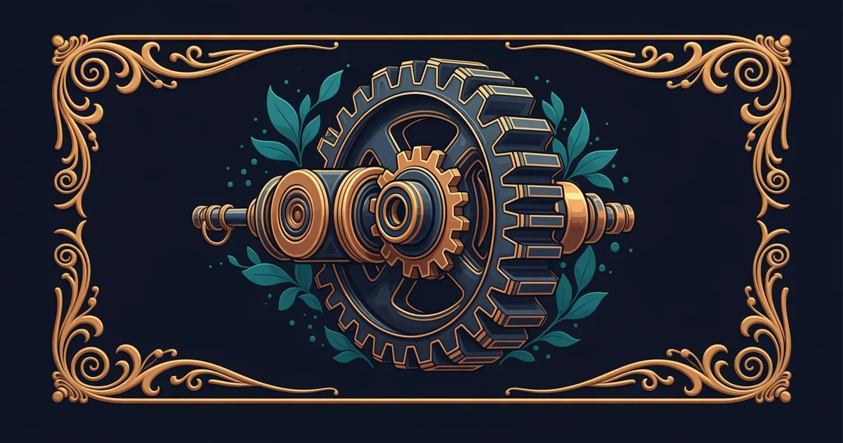 A stylized gear mechanism, Victorian botanical illustration style, representing a Learning Whistle learning path on Labor Movements.