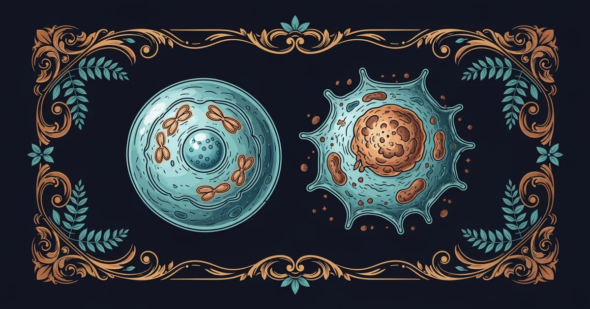 Microscopic cell study, Victorian botanical illustration style, representing a Learning Whistle learning path on longevity science and senolytic therapies.