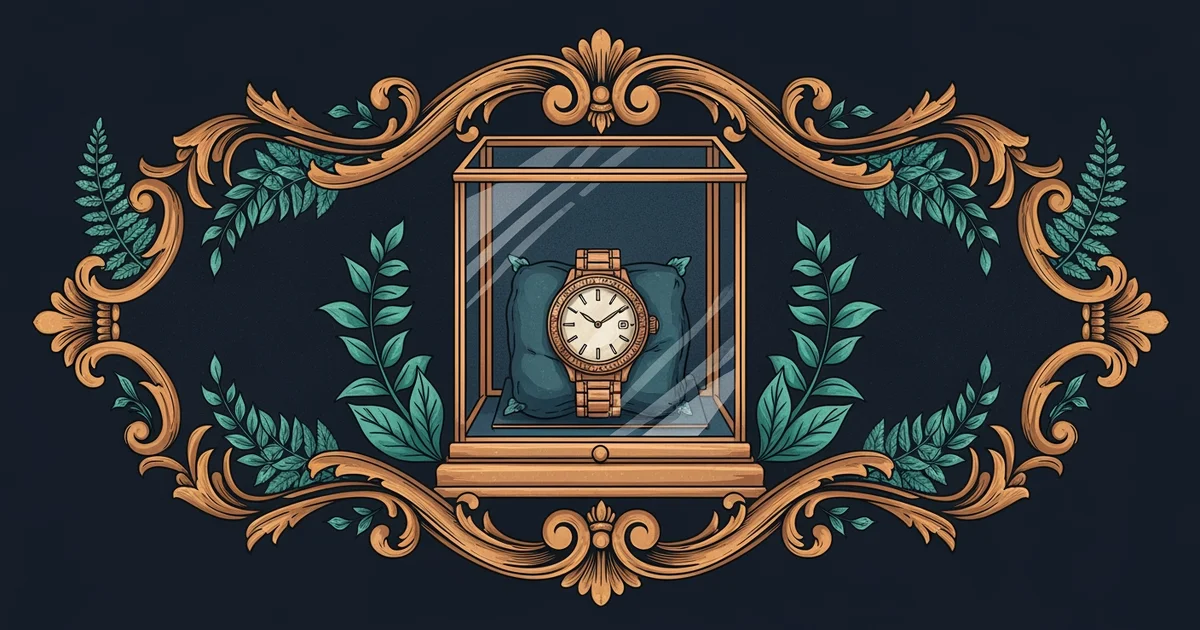 A single ornate gold watch on a velvet cushion, Victorian botanical illustration style, representing a Learning Whistle learning path on Luxury Goods Market.