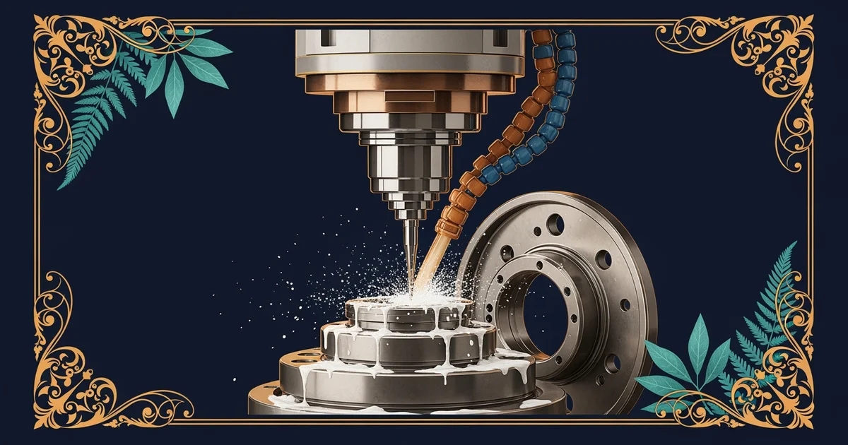 Industrial milling machine, Victorian botanical illustration style, representing a Learning Whistle learning path on Manufacturing and Fabrication.