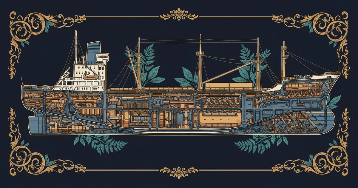 A detailed cross-section of a container ship, Victorian botanical illustration style, representing a Learning Whistle learning path on Marine Engineering.