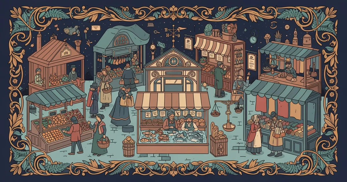 A bustling marketplace with diverse stalls and various price signs, Victorian botanical illustration style, representing a Learning Whistle learning path on Market Competition.