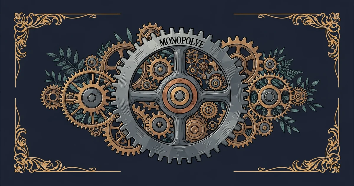 A complex gear assembly, Victorian botanical illustration style, representing a Learning Whistle learning path on Market Structure Analysis.