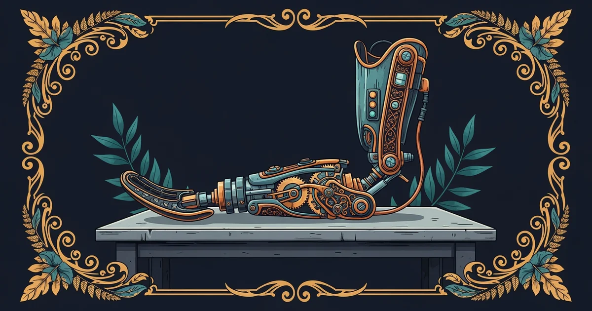 A complex prosthetic limb joint with visible gears and sensors, Victorian botanical illustration style, representing a Learning Whistle learning path on Medical Device Technology.
