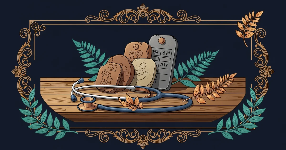 Ancient clay tablets and a vintage brass stethoscope, Victorian botanical illustration style, representing a Learning Whistle learning path on Medical History.