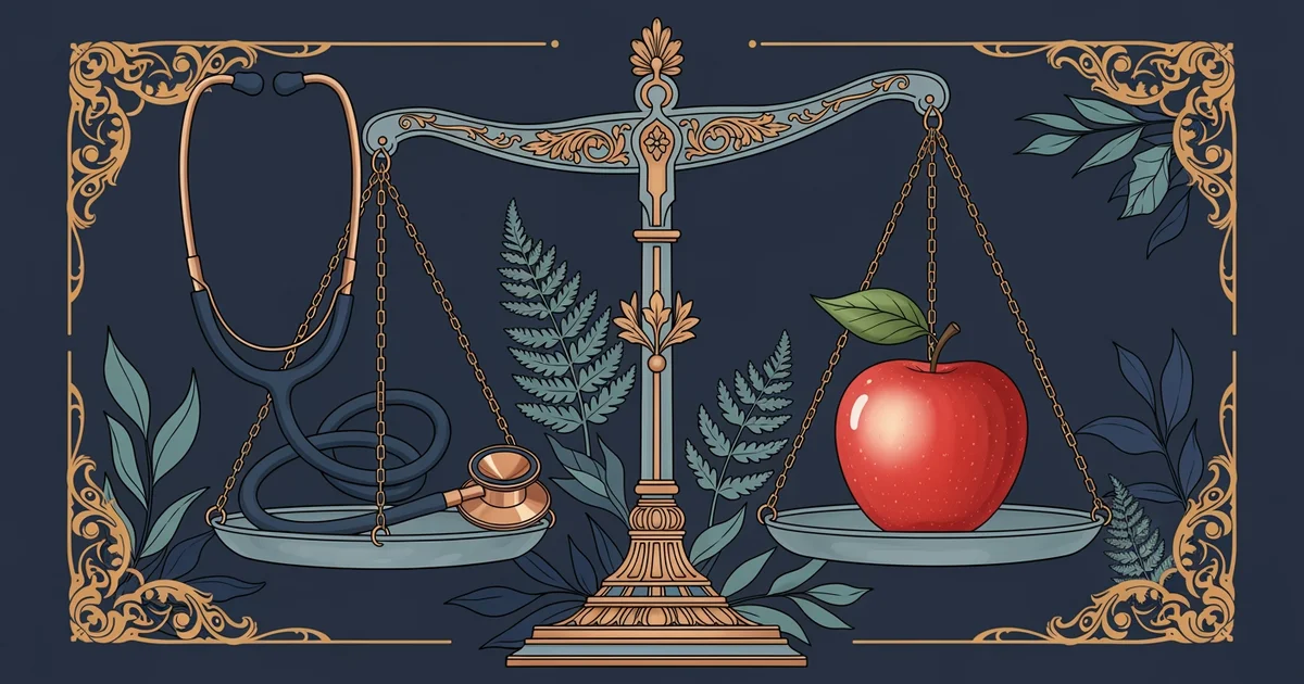 A balanced scale featuring a stethoscope on one side and a fresh apple on the other, Victorian botanical illustration style, representing a Learning Whistle learning path on Men's Health.
