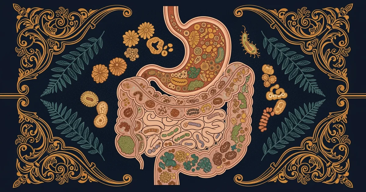 A stylized cross-section of the human digestive tract, Victorian botanical illustration style, representing a Learning Whistle learning path on Microbiome and Gut Health.