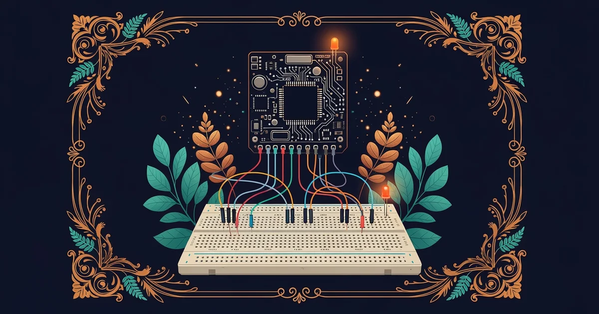 A glowing circuit board connected to a breadboard, Victorian botanical illustration style, representing a Learning Whistle learning path on microcontroller programming with arduino.