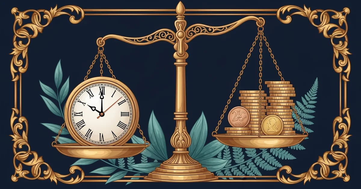 A balanced scale holding a clock on one side and a stack of coins on the other, Victorian botanical illustration style, representing a Learning Whistle learning path on Microeconomic Principles.