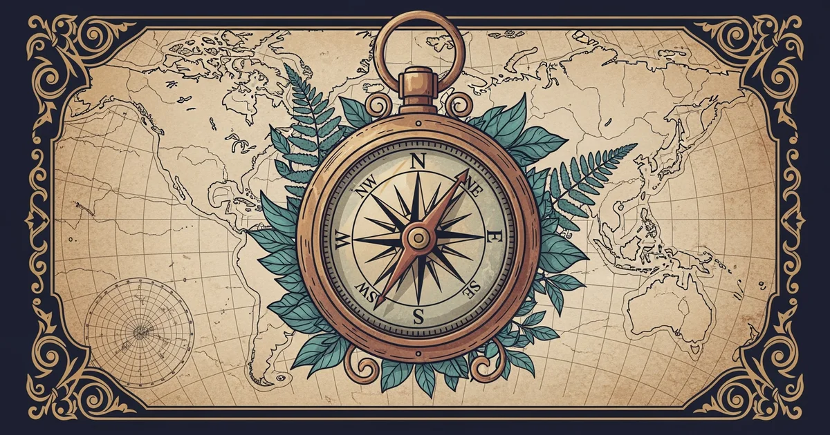 A brass compass on a vintage map, Victorian botanical illustration style, representing a Learning Whistle learning path on migration and refugee studies.