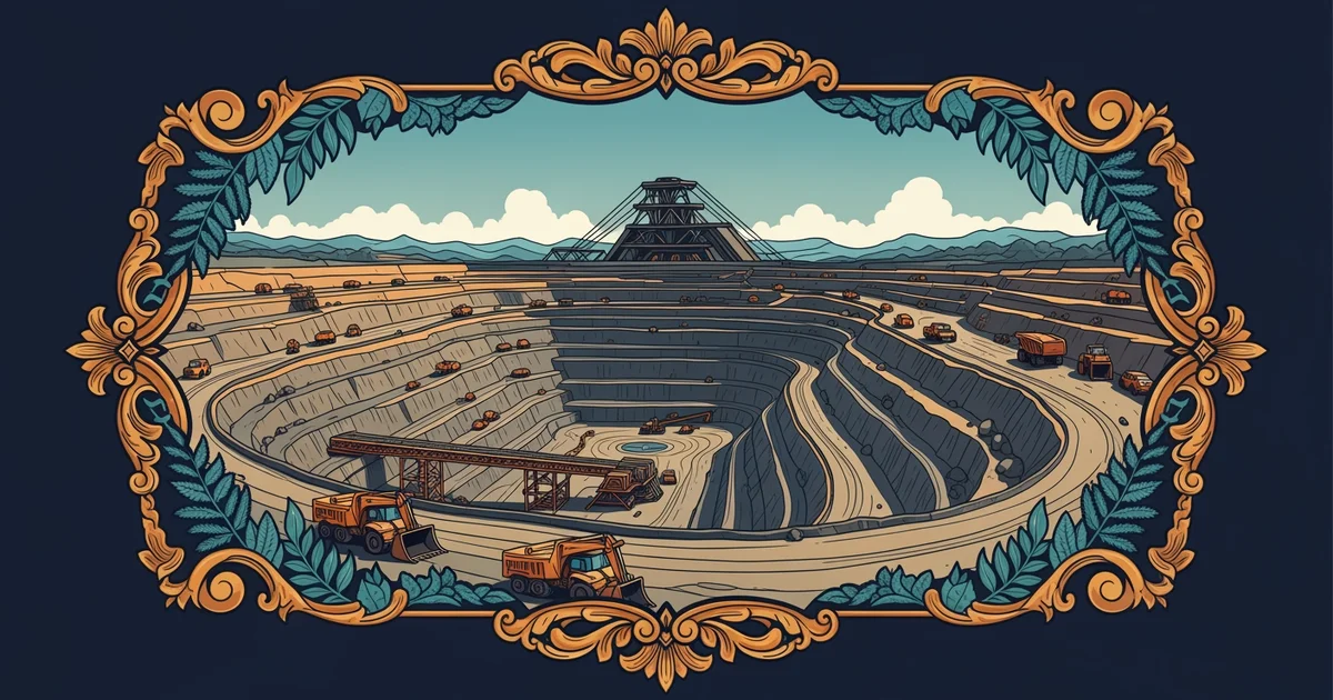 Open-pit mine, Victorian botanical illustration style, representing a Learning Whistle learning path on Mining and Resource Extraction.