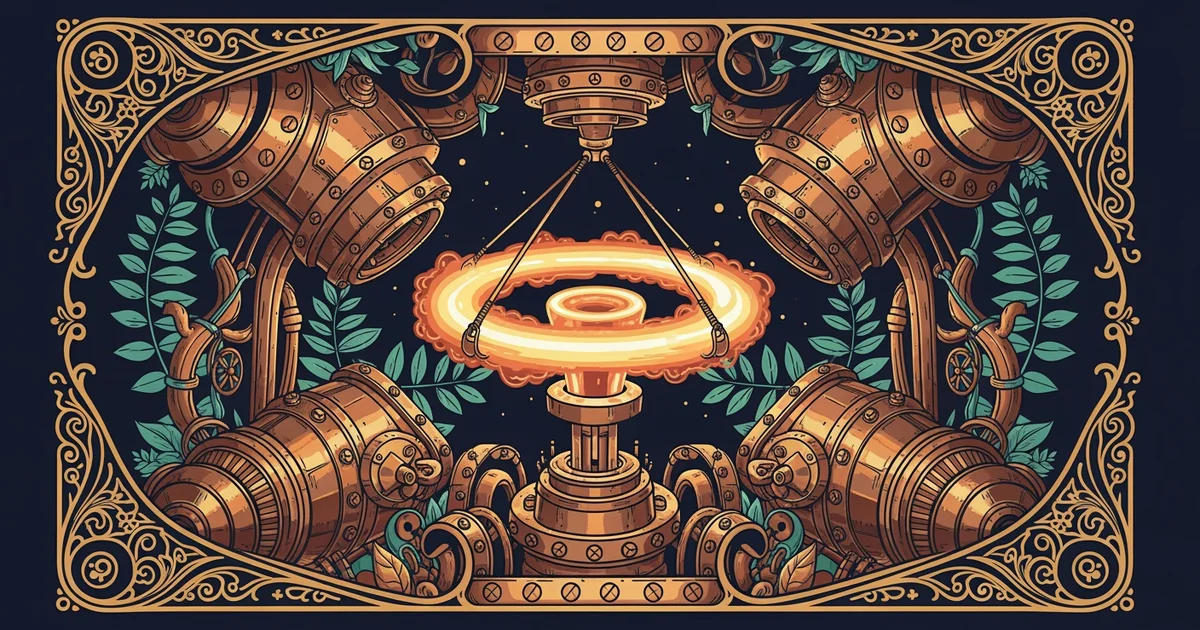 A glowing, toroidal plasma ring suspended within a complex metallic reactor chamber, Victorian botanical illustration style, representing a Learning Whistle learning path on Nuclear Fusion.