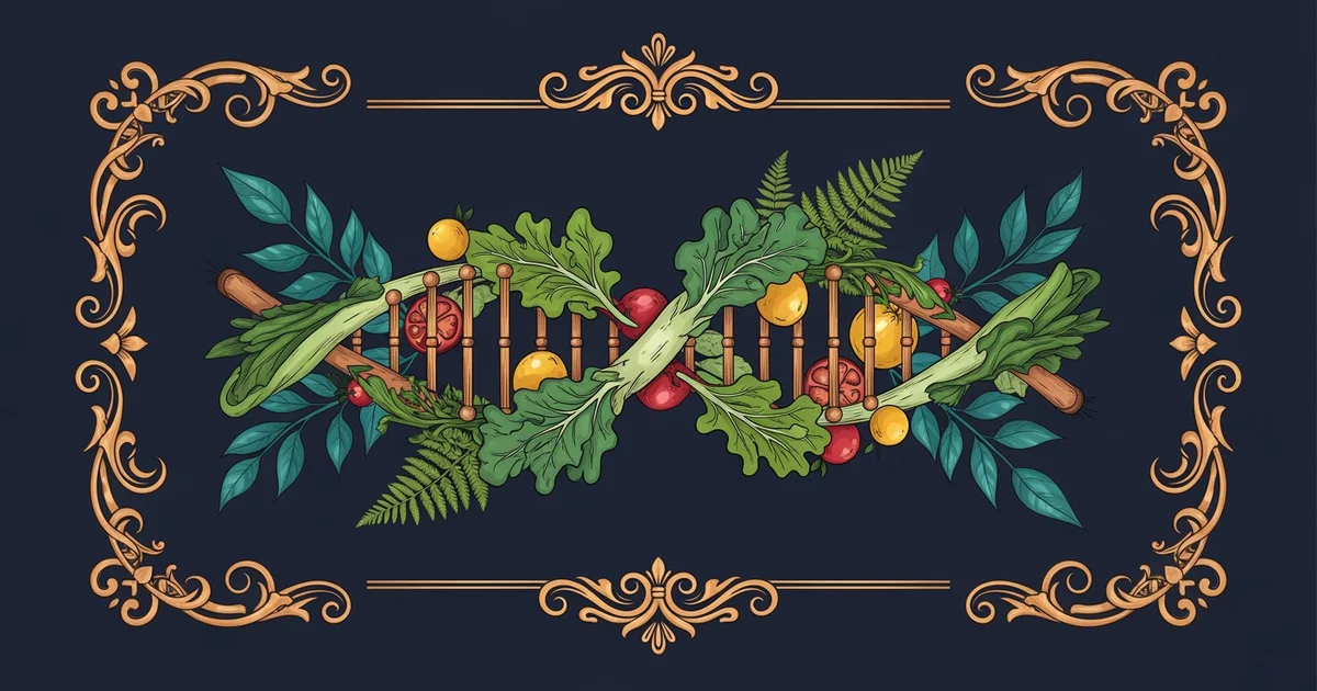 A double helix structure entwined with fresh leafy green vegetables and vibrant fruits.