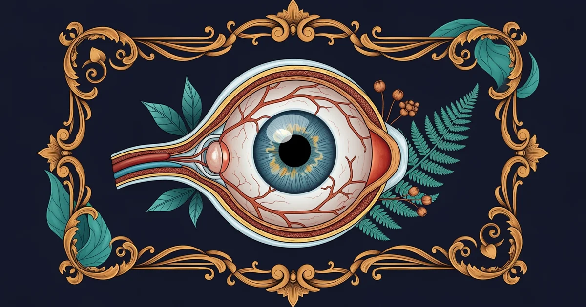 A detailed cross-section diagram of the human eye, Victorian botanical illustration style, representing a Learning Whistle learning path on ophthalmology and vision.