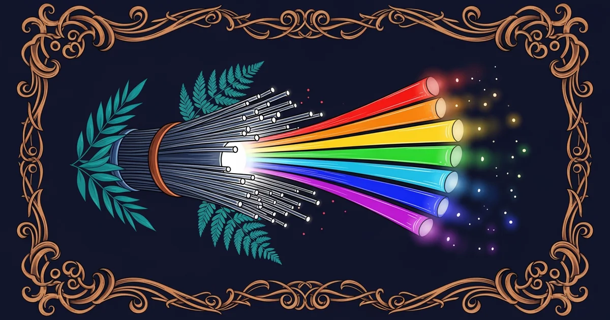 A glowing fiber optic cable bundle refracting light into a spectrum, Victorian botanical illustration style, representing a Learning Whistle learning path on optics and photonics.