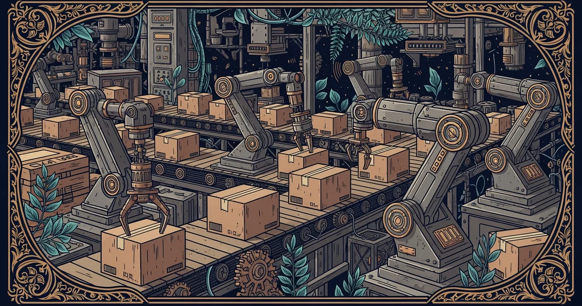 Automated assembly line, Victorian botanical illustration style, representing a Learning Whistle learning path on Packaging Technology.