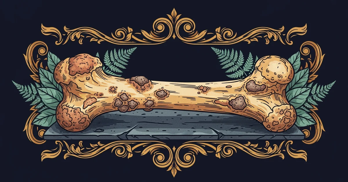 A weathered human femur showing distinct pathological bone lesions, Victorian botanical illustration style, representing a Learning Whistle learning path on Paleopathology.