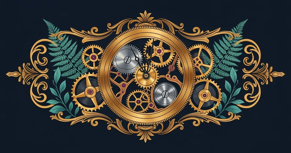 A complex clock mechanism with golden gears, Victorian botanical illustration style, representing a Learning Whistle learning path on Personal Financial Planning.
