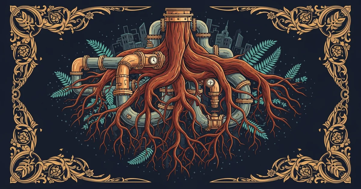 A complex root system intertwining with industrial pipes and urban city grids, Victorian botanical illustration style, representing a Learning Whistle learning path on Political Ecology.